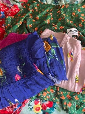 Old Navy Blue and Pink Floral & Parrot Top Bundle